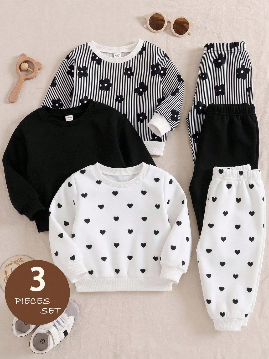 LMoss Kids Baby Girl Fleece Heart Sweatshirt 3pcs Set Multicolor