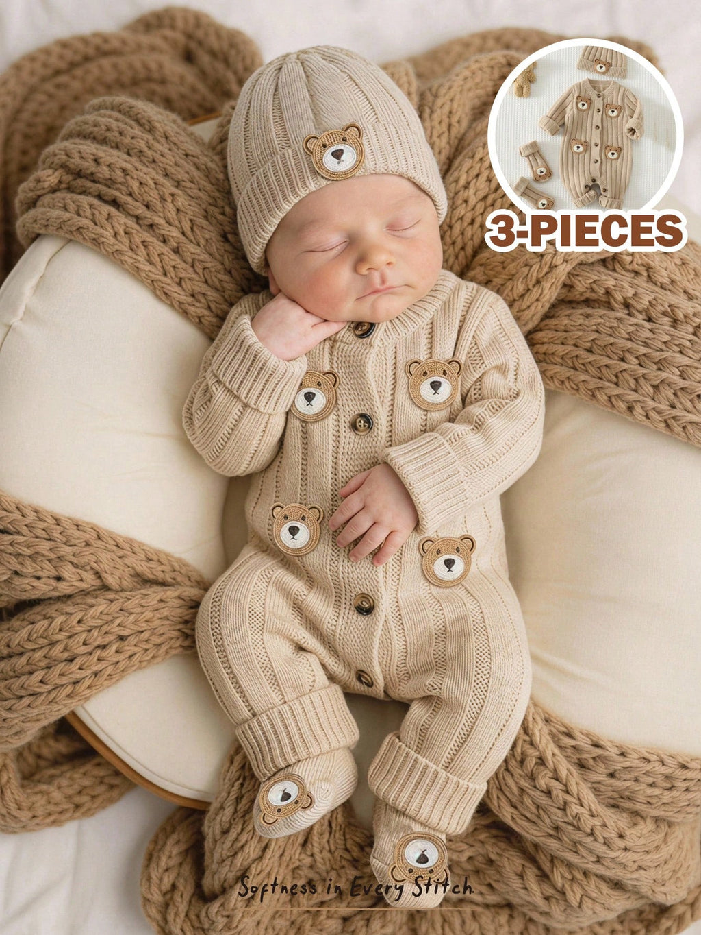 Ensemble 3 pièces combinaison tricotée ours de dessin animé unisexe Cozy Pixies