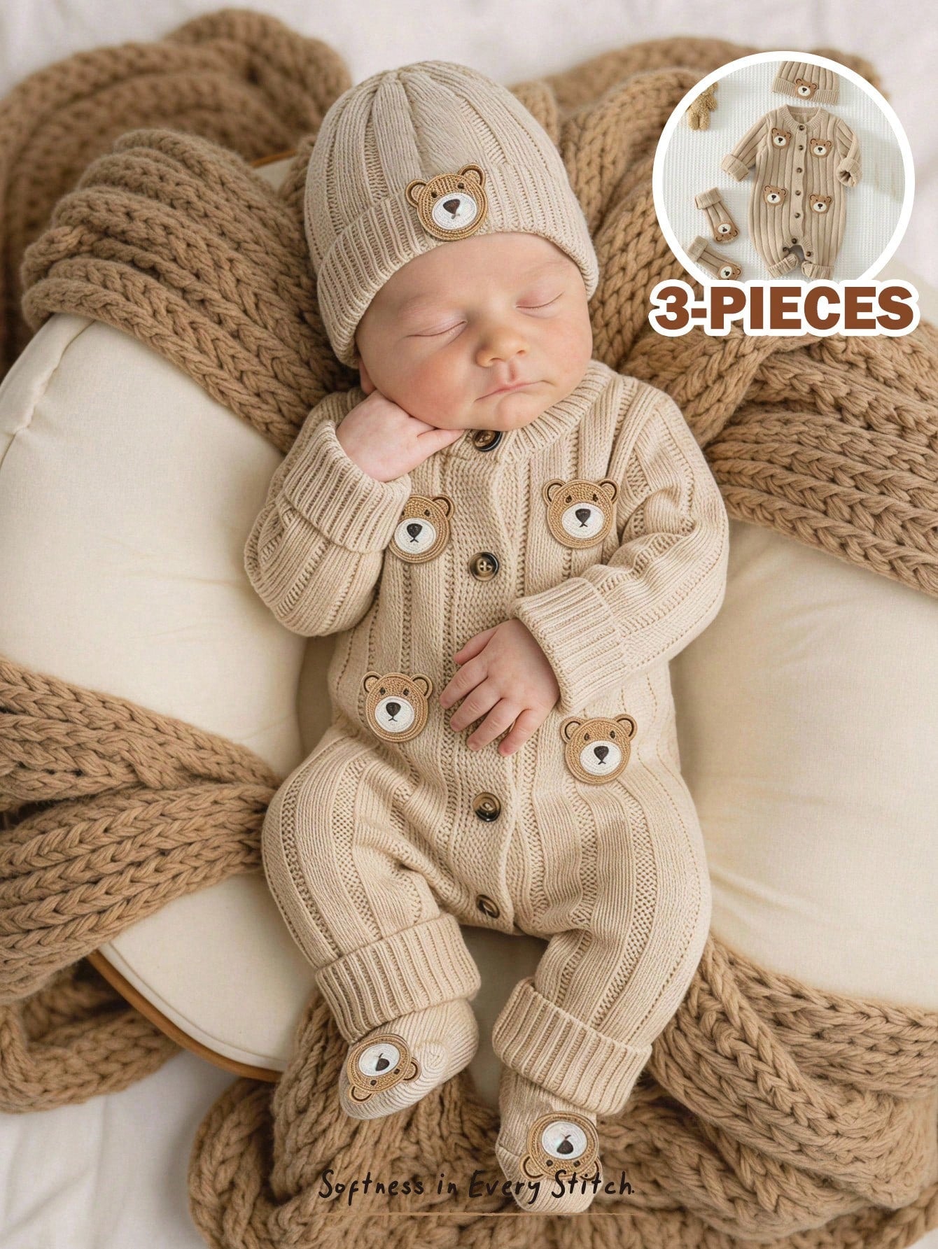 Ensemble 3 pièces combinaison tricotée ours de dessin animé unisexe Cozy Pixies
