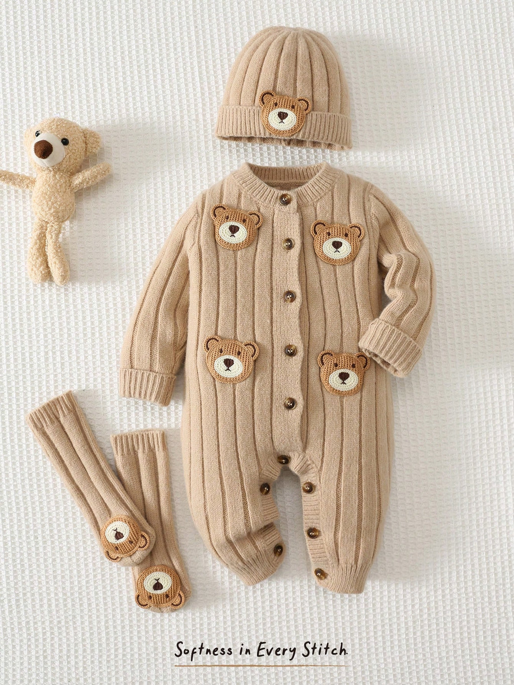 Ensemble 3 pièces combinaison tricotée ours de dessin animé unisexe Cozy Pixies