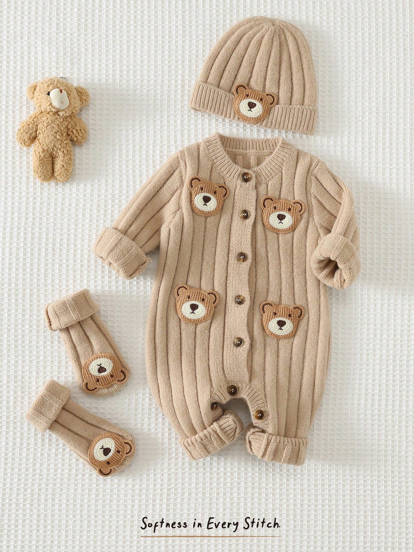 Ensemble 3 pièces combinaison tricotée ours de dessin animé unisexe Cozy Pixies