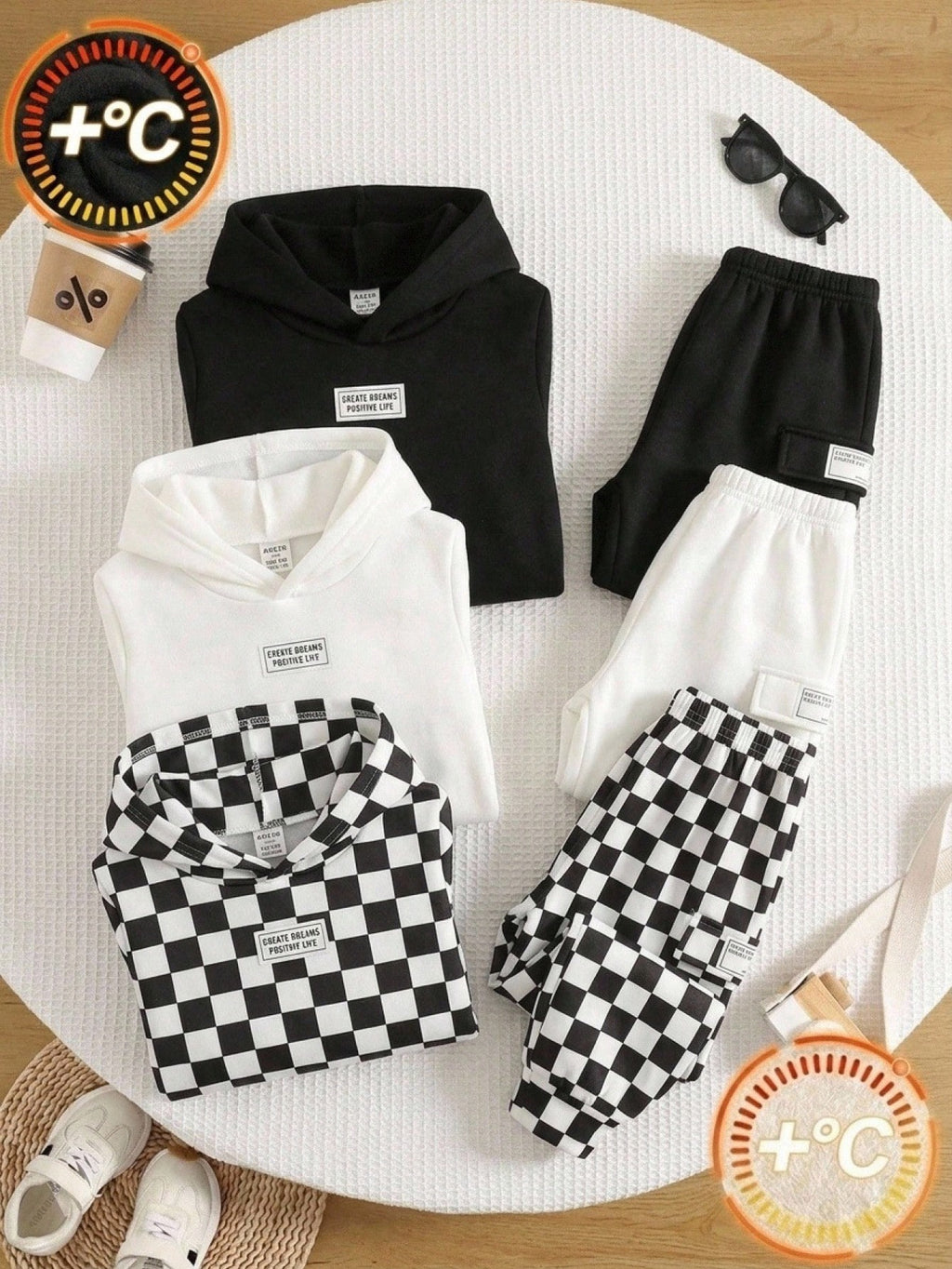 Bambinoo x Playful Pals – Lot de 3 pantalons de survêtement unis et à carreaux pour garçons, multicolore
