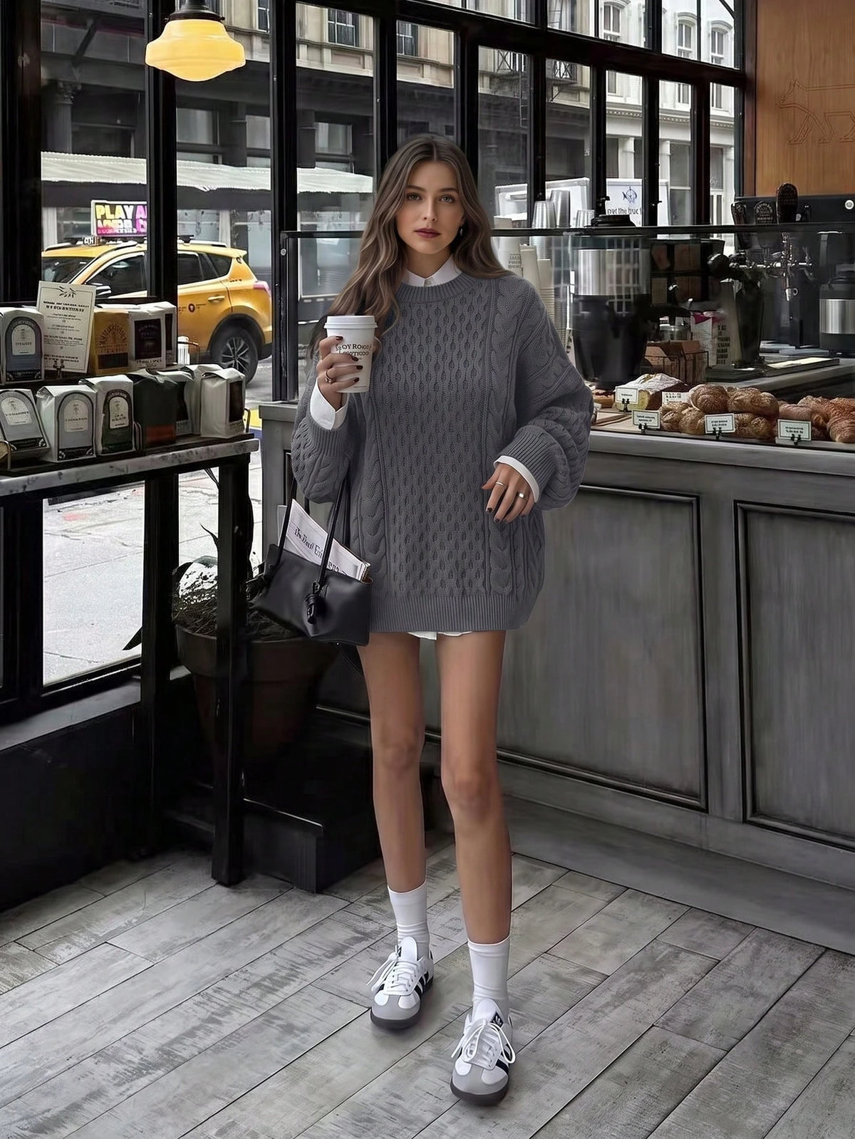 Pull rose à col rond, manches longues et maille torsadée ample pour femme