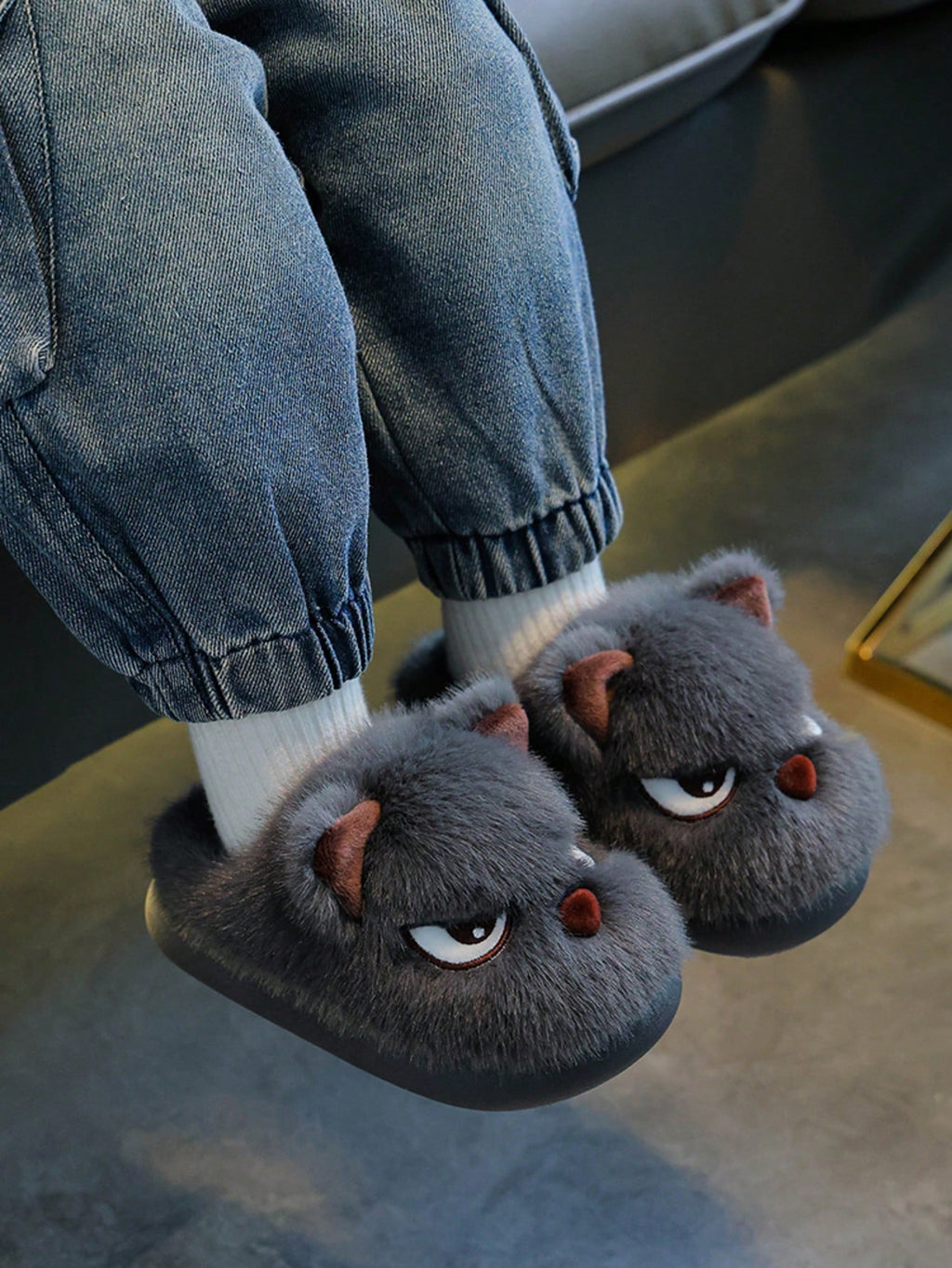 Chaussons pour garçon à motif chien et doublure chaude - Gris foncé - 1 paire