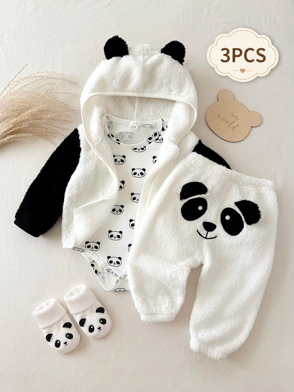 Ensemble 3 pièces pour bébé garçon : veste à capuche et barboteuse motif panda