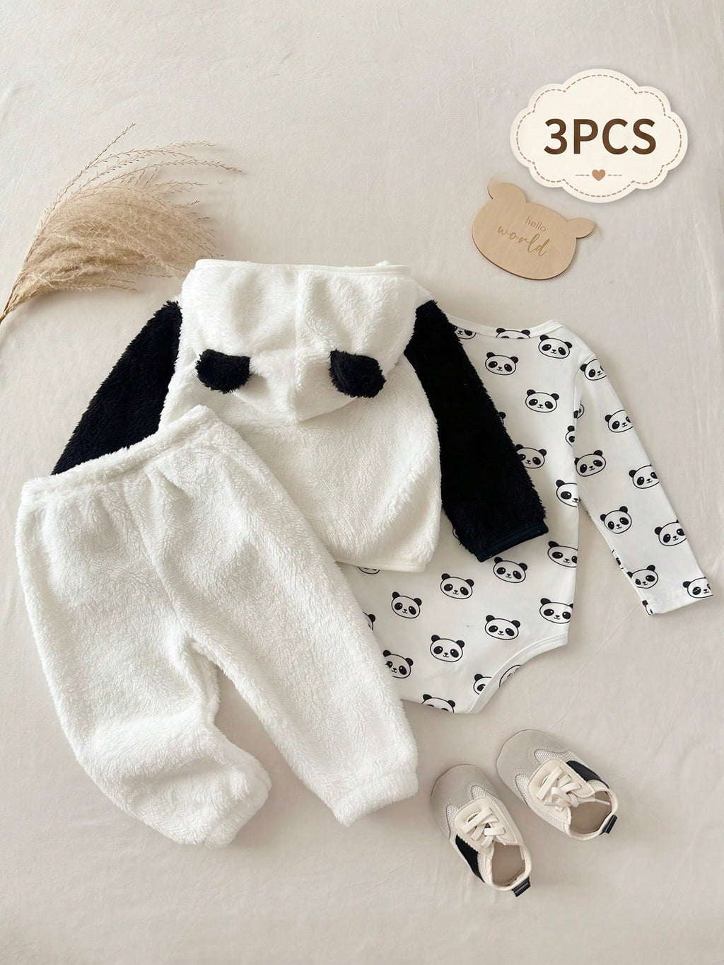 Ensemble 3 pièces pour bébé garçon : veste à capuche et barboteuse motif panda