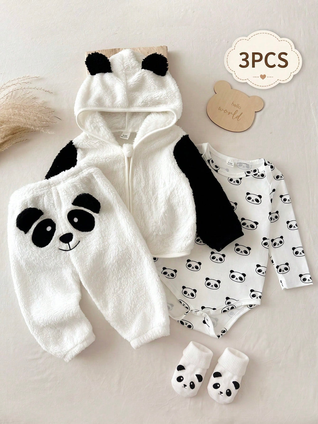 Ensemble 3 pièces pour bébé garçon : veste à capuche et barboteuse motif panda