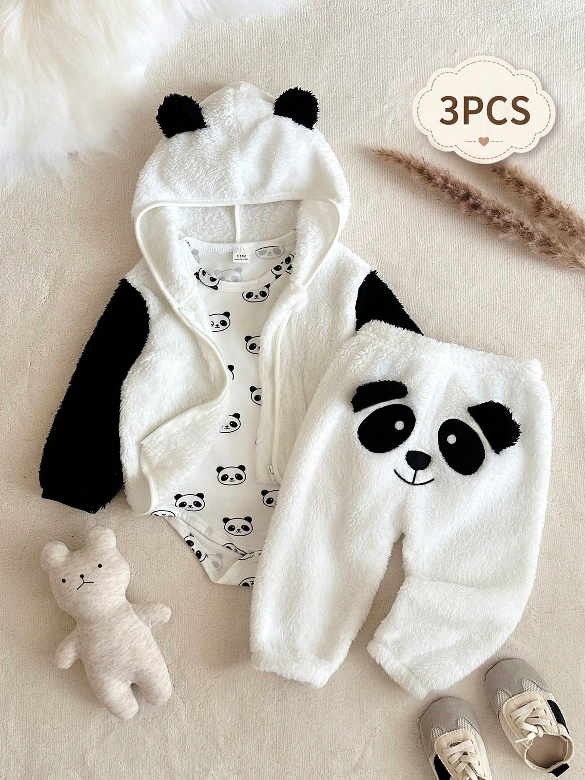 Ensemble 3 pièces pour bébé garçon : veste à capuche et barboteuse motif panda