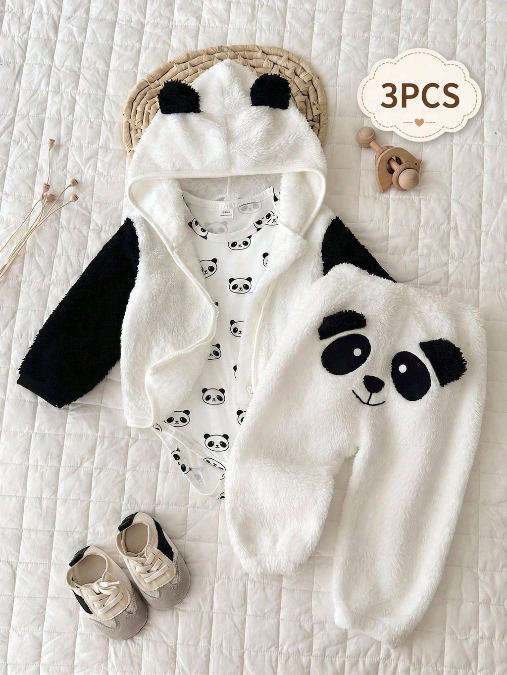 Ensemble 3 pièces pour bébé garçon : veste à capuche et barboteuse motif panda