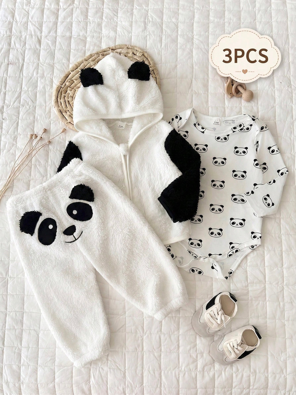 Ensemble 3 pièces pour bébé garçon : veste à capuche et barboteuse motif panda