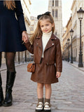 Young Girl Lapel PU Leather Jacket Pants 2 Piece Set