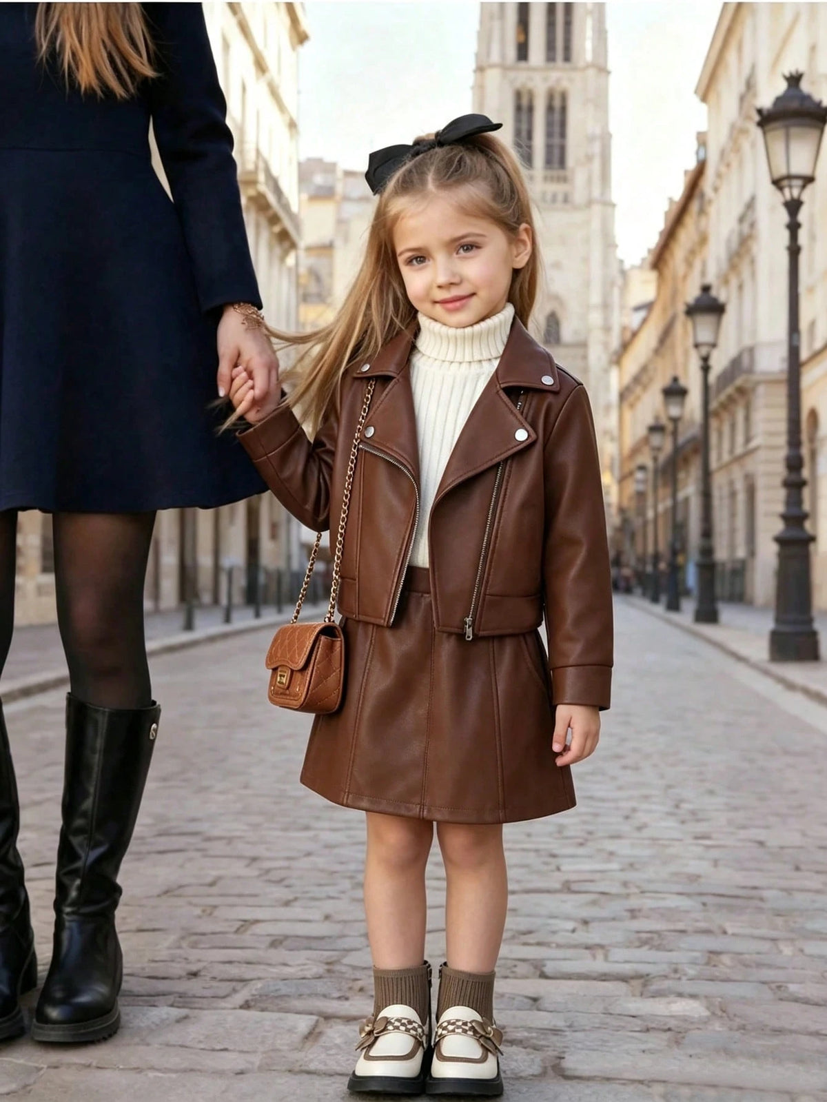 Young Girl Lapel PU Leather Jacket Pants 2 Piece Set