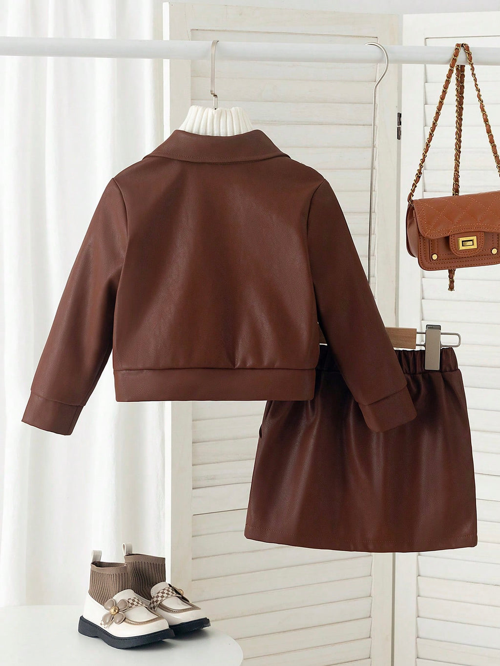 Young Girl Lapel PU Leather Jacket Pants 2 Piece Set