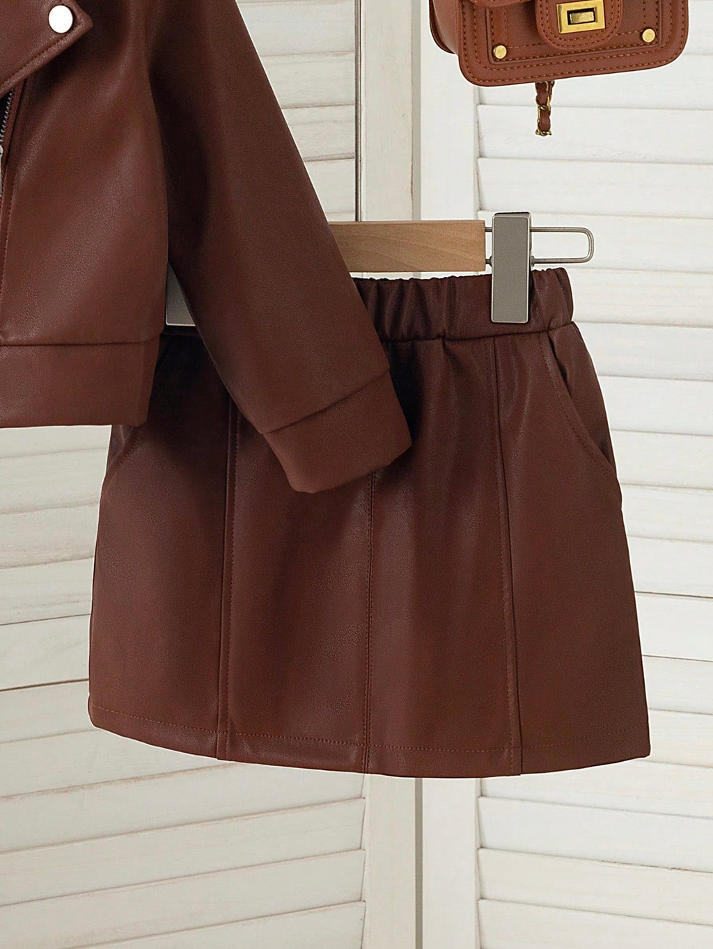 Young Girl Lapel PU Leather Jacket Pants 2 Piece Set