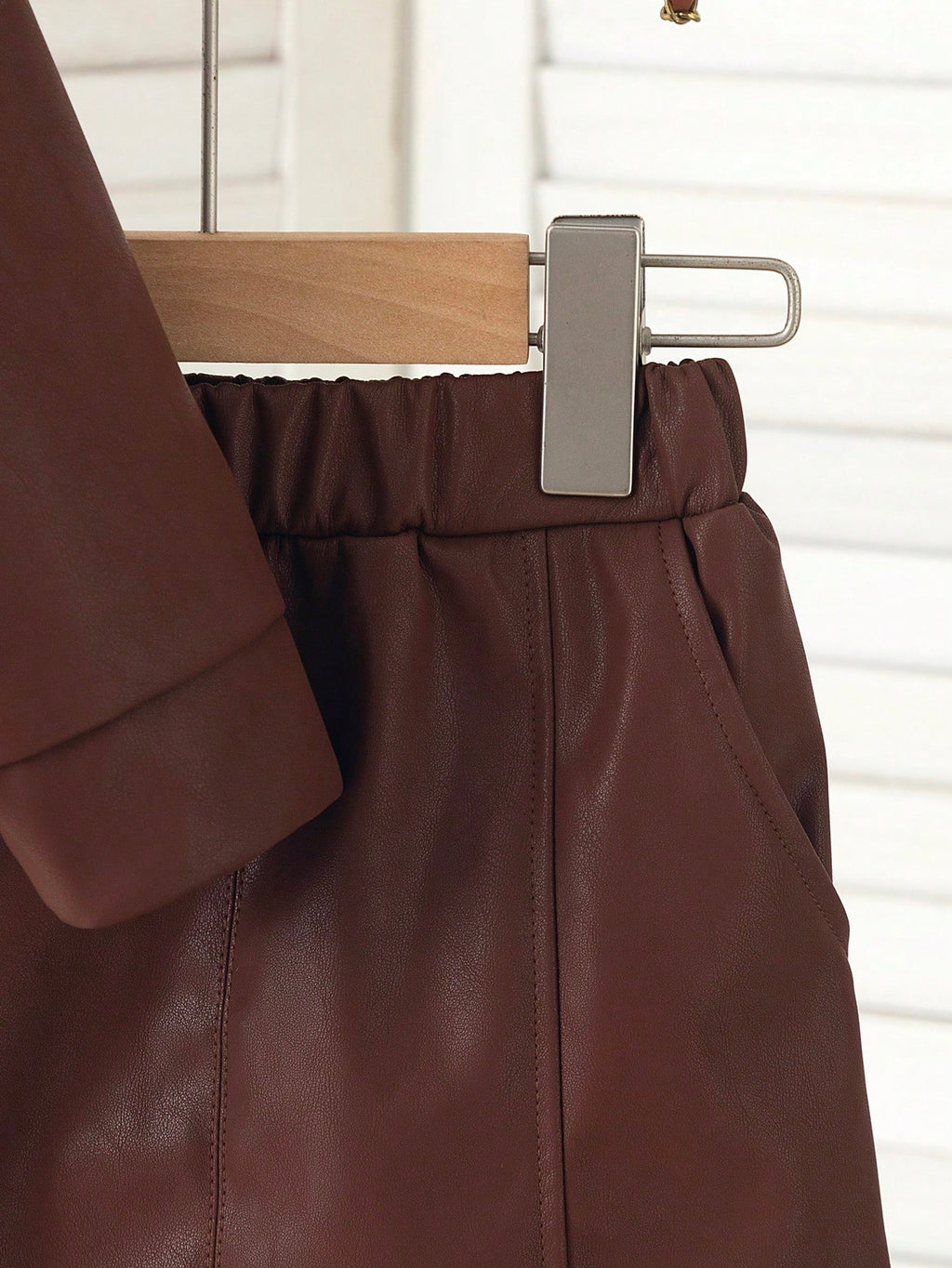 Young Girl Lapel PU Leather Jacket Pants 2 Piece Set