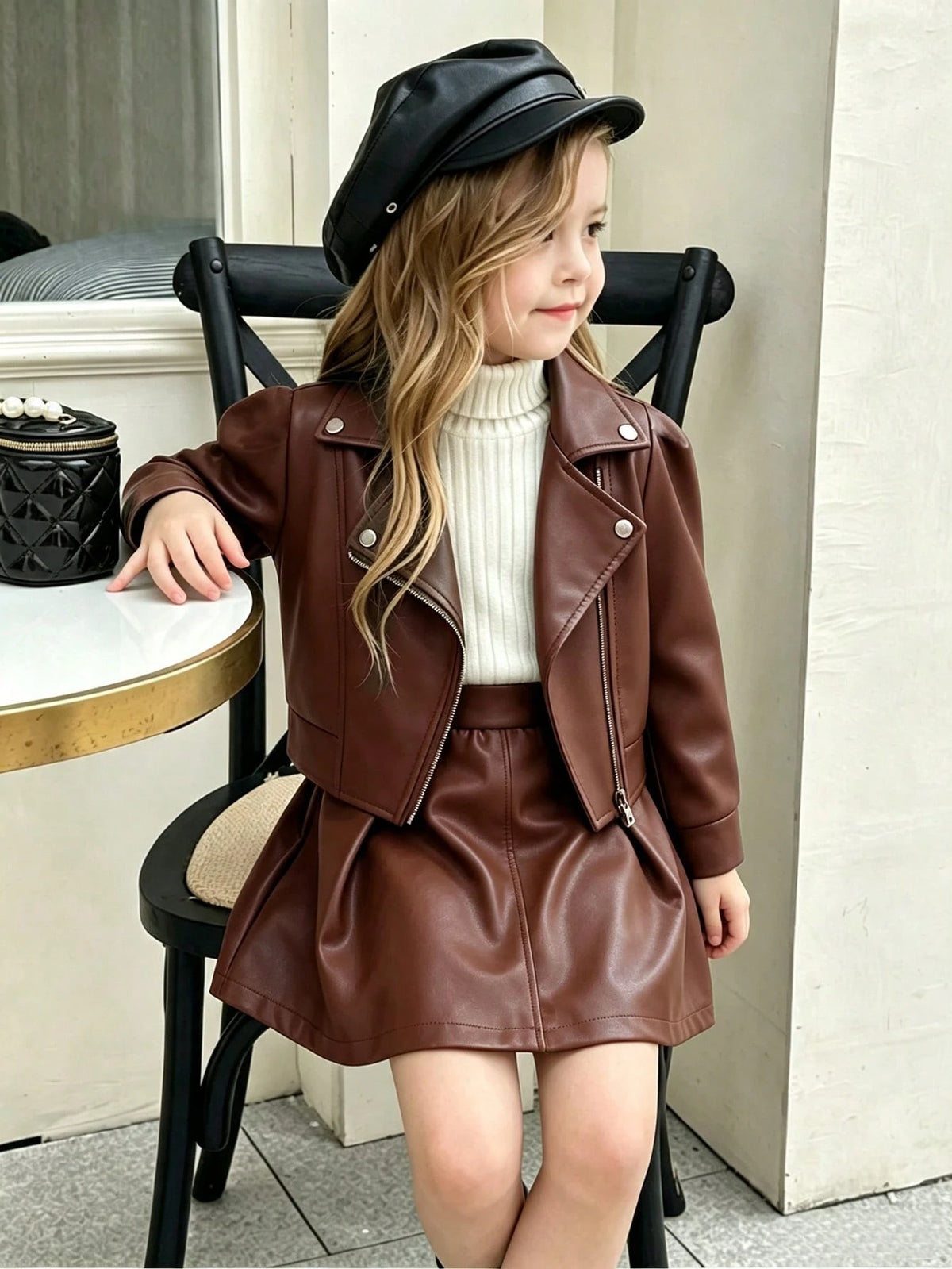 Young Girl Lapel PU Leather Jacket Pants 2 Piece Set