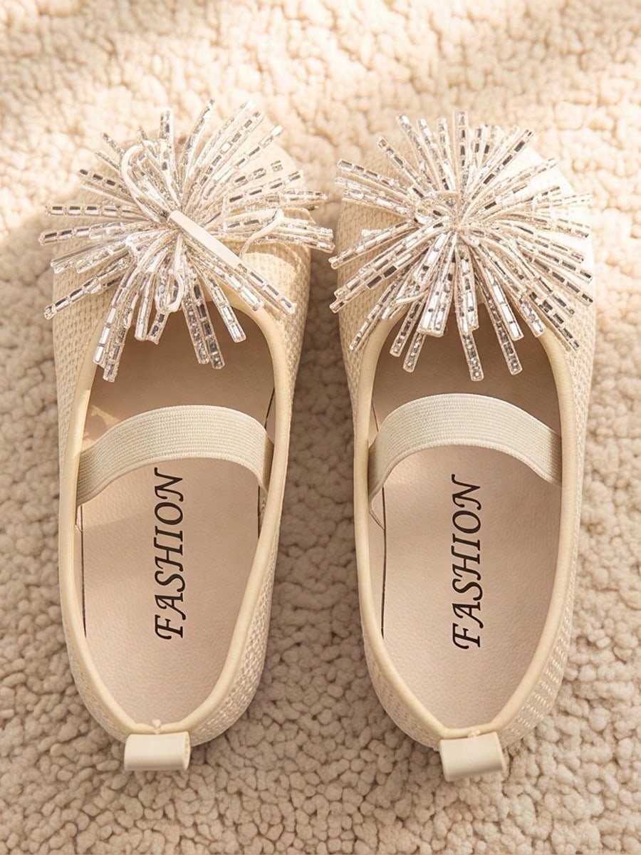 Bambinoo x Playful Pals Girls' Beige Beaded Woven Mary Janes