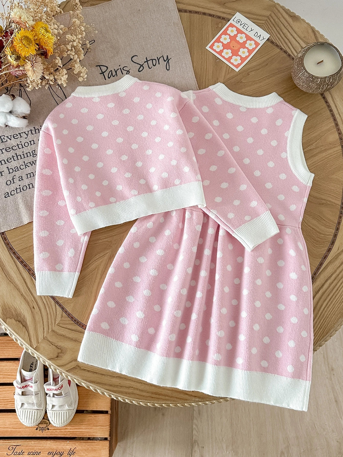 Little Girl Polka Dot Knit Cardigan Sweater Dress Pink