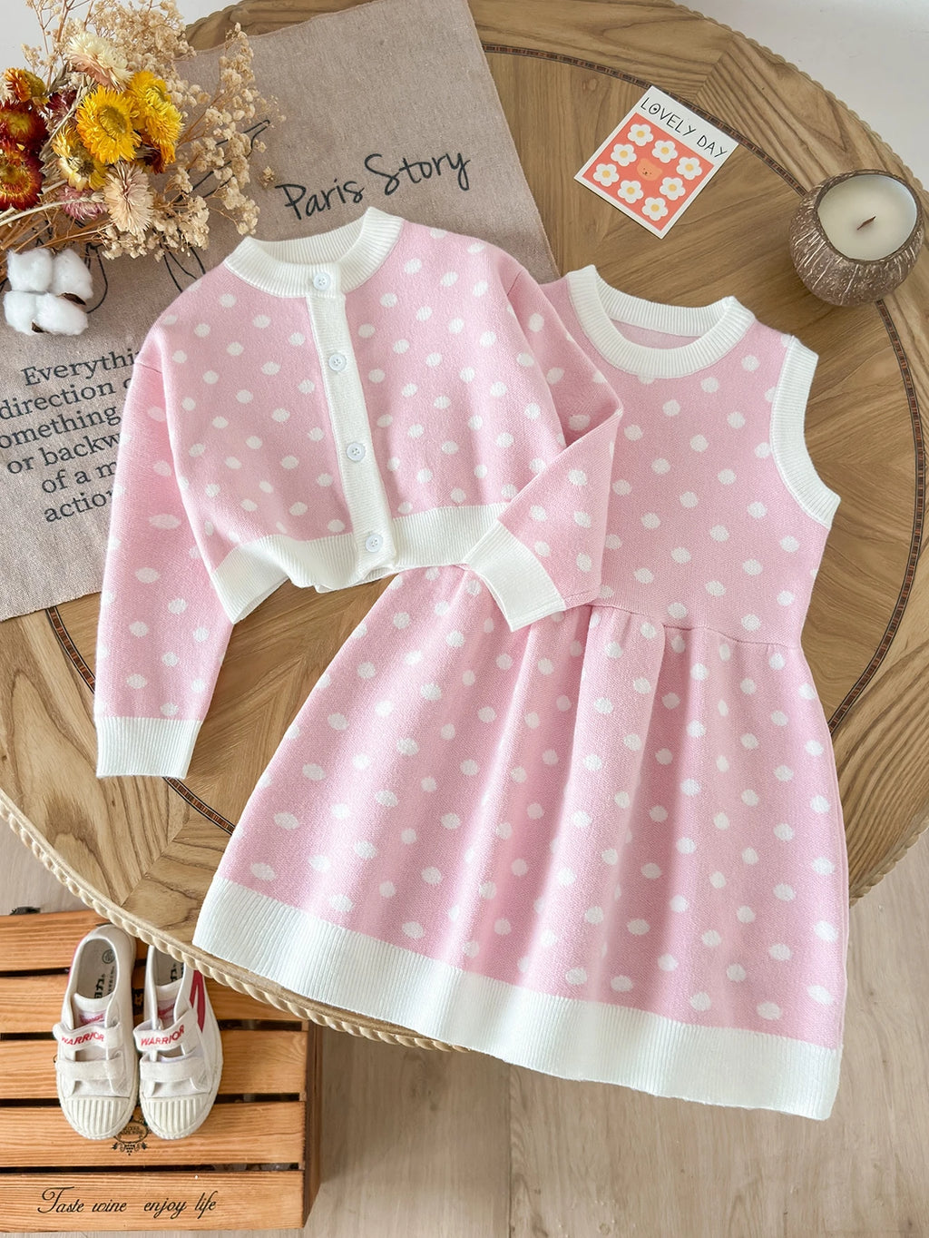 Little Girl Polka Dot Knit Cardigan Sweater Dress Pink