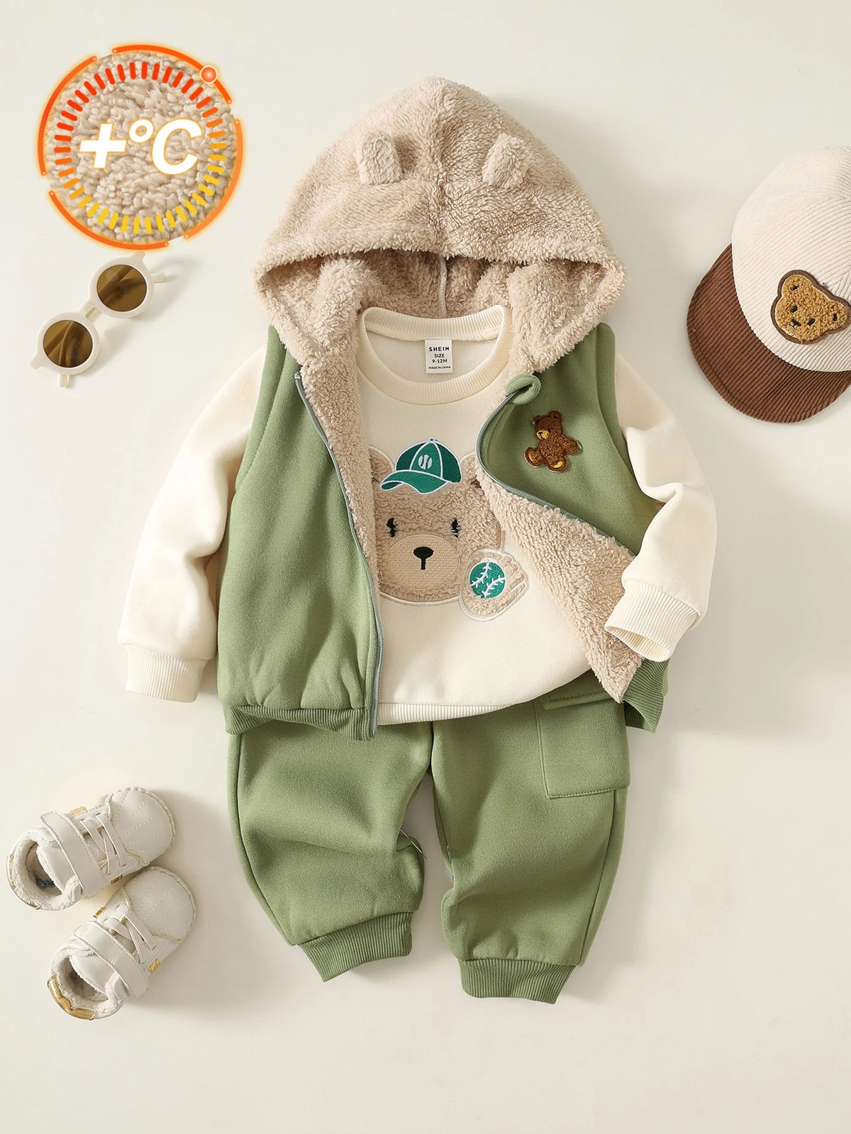 Baby Boy 3pc Cartoon Bear Hooded Set