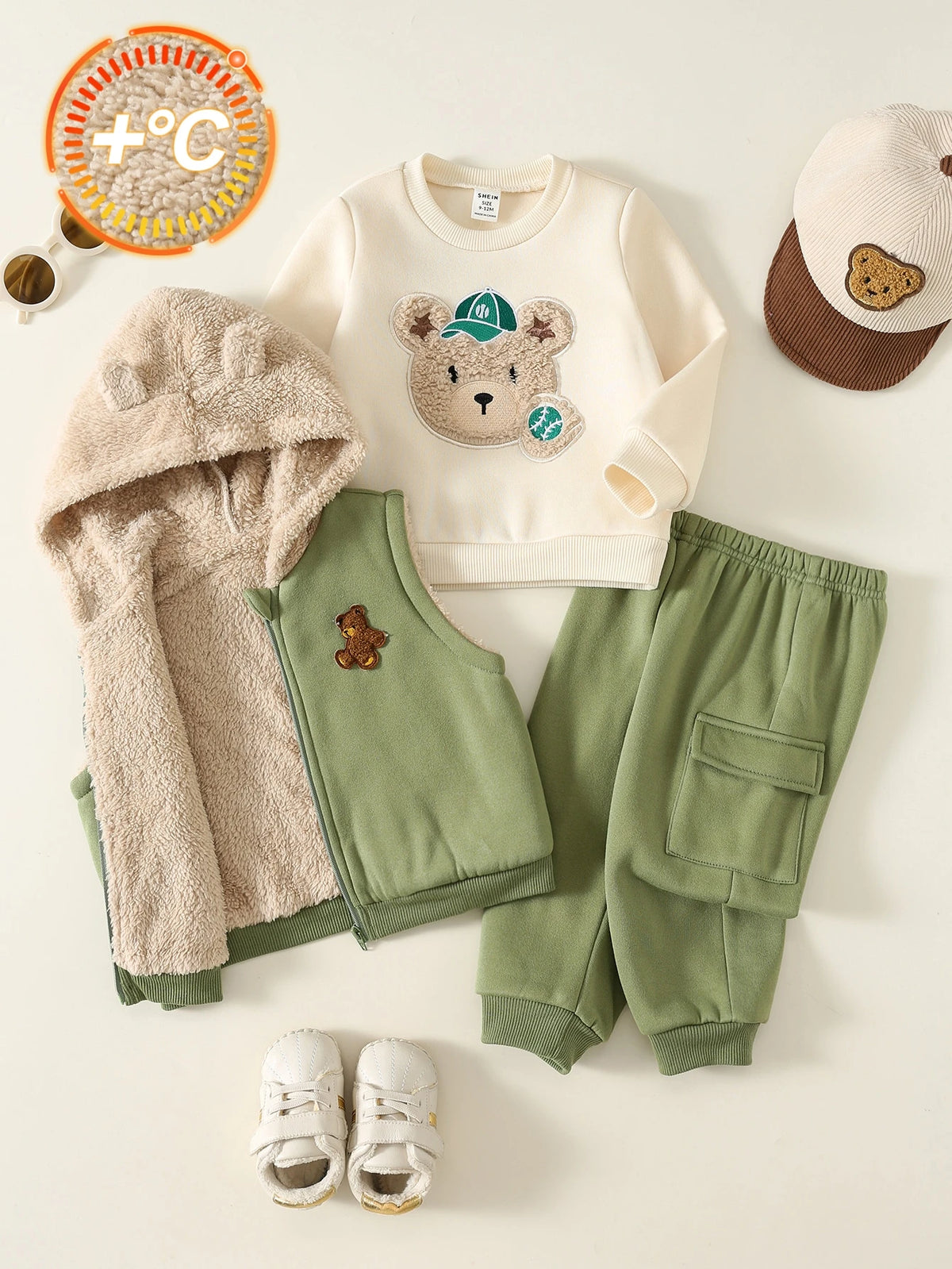 Baby Boy 3pc Cartoon Bear Hooded Set