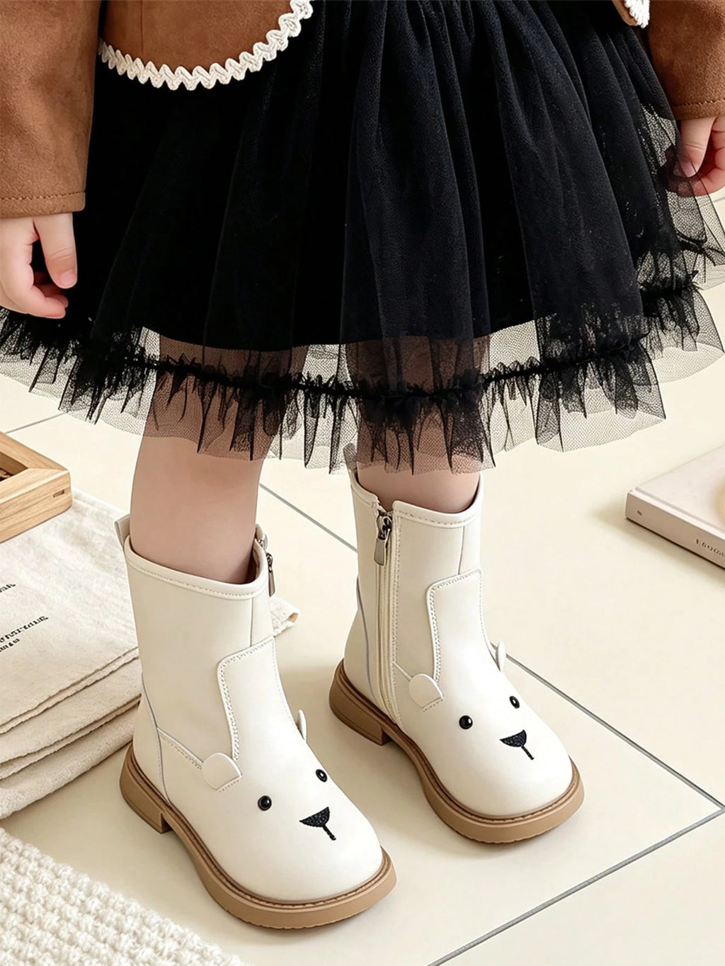 Cute Bear Side Zip Ankle Boots 1 Pair