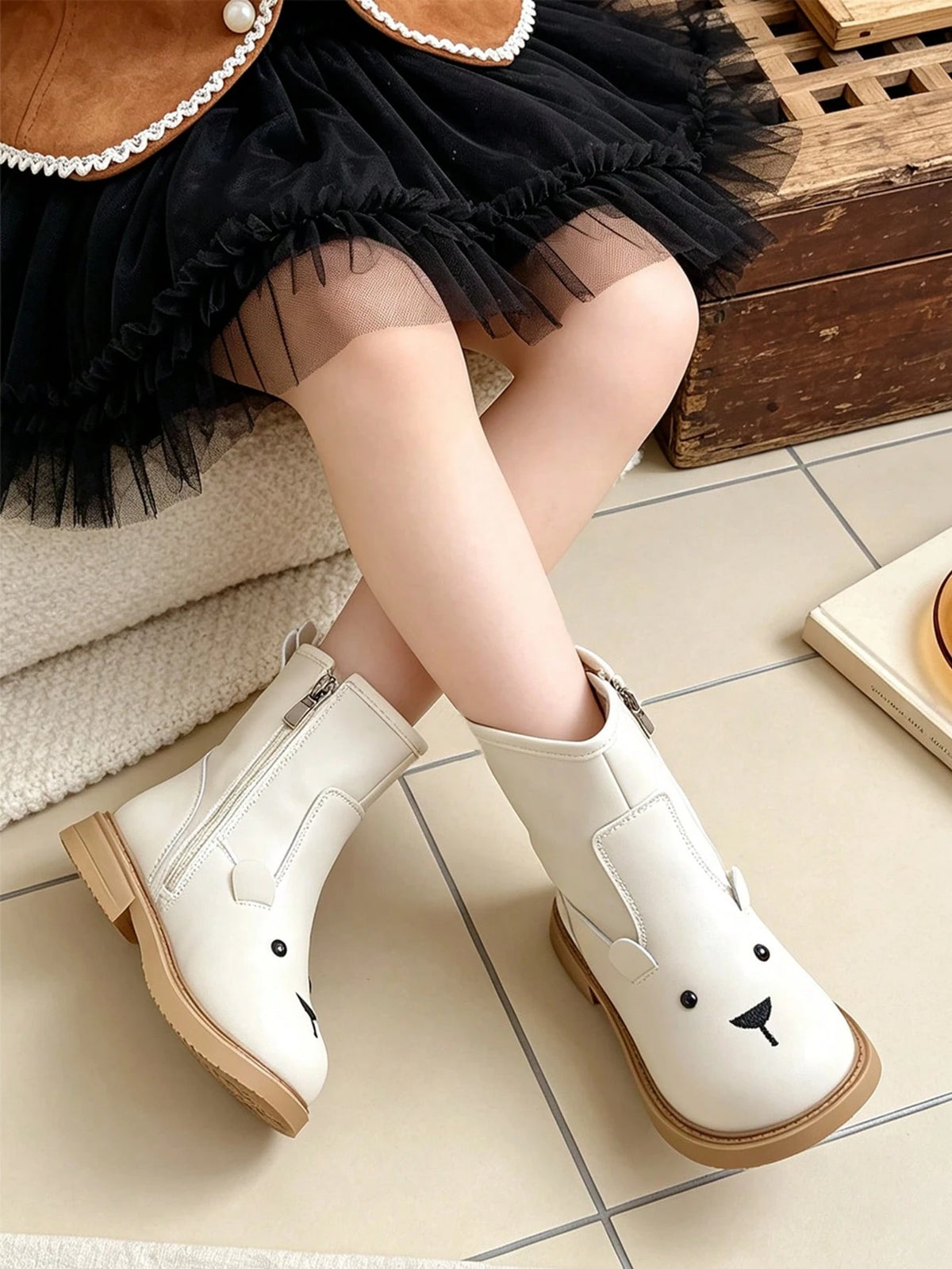 Cute Bear Side Zip Ankle Boots 1 Pair