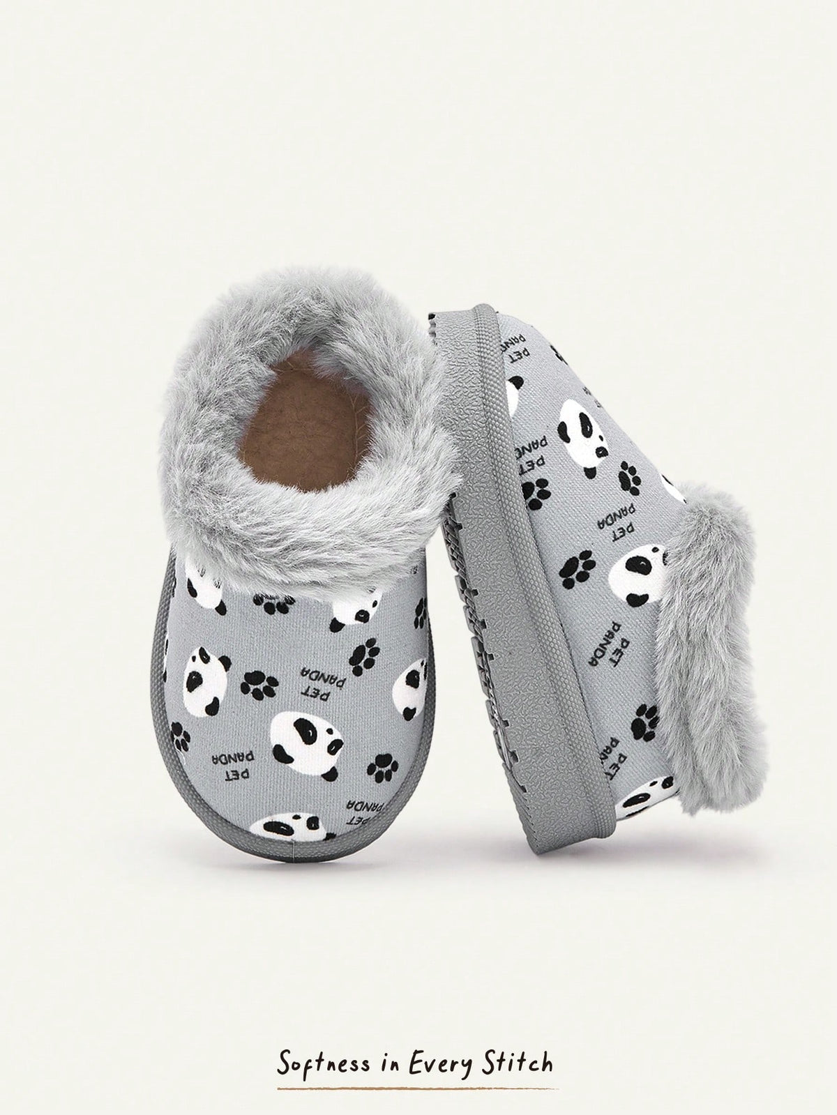 Chaussons bébé garçon à enfiler, chauds et confortables, doublés en fausse fourrure avec motif panda mignon