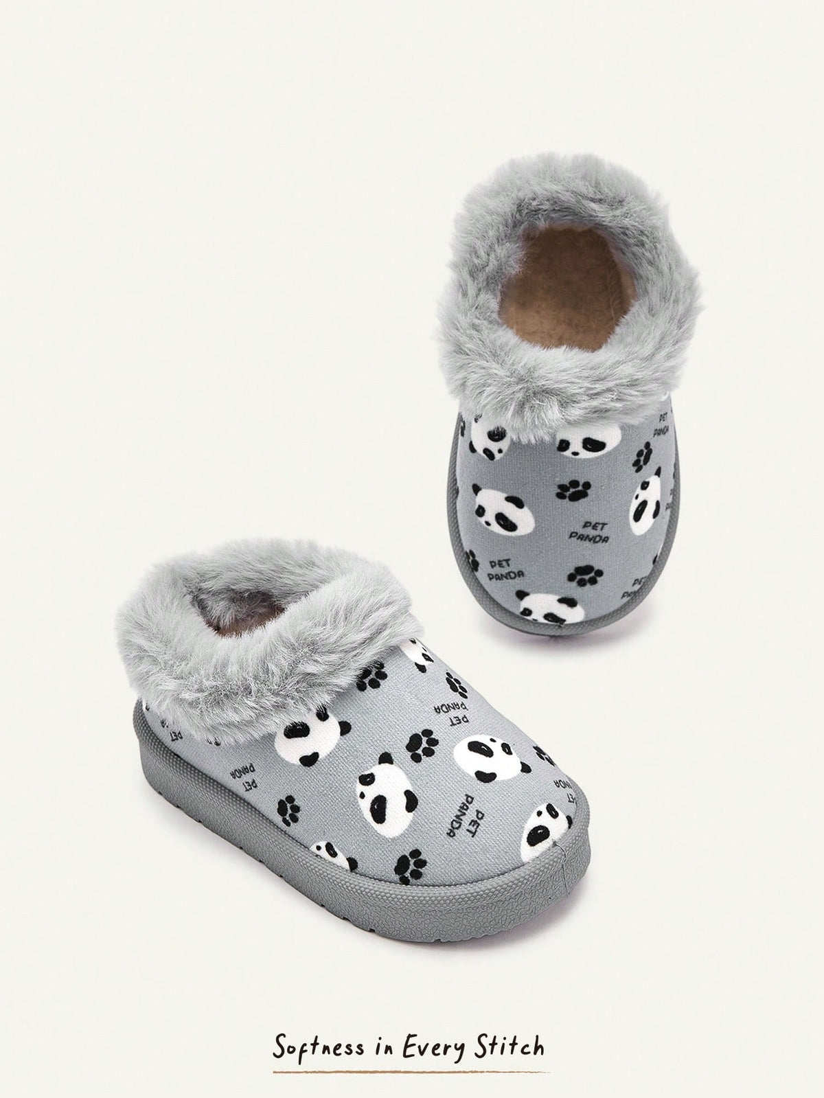 Chaussons bébé garçon à enfiler, chauds et confortables, doublés en fausse fourrure avec motif panda mignon