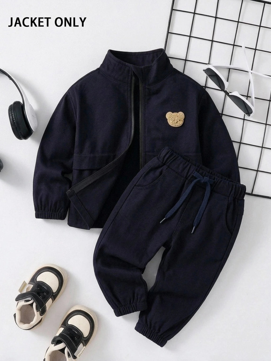 Baby Blue Bear Embroidery Warm Zip-Up Jacket Royal Blue
