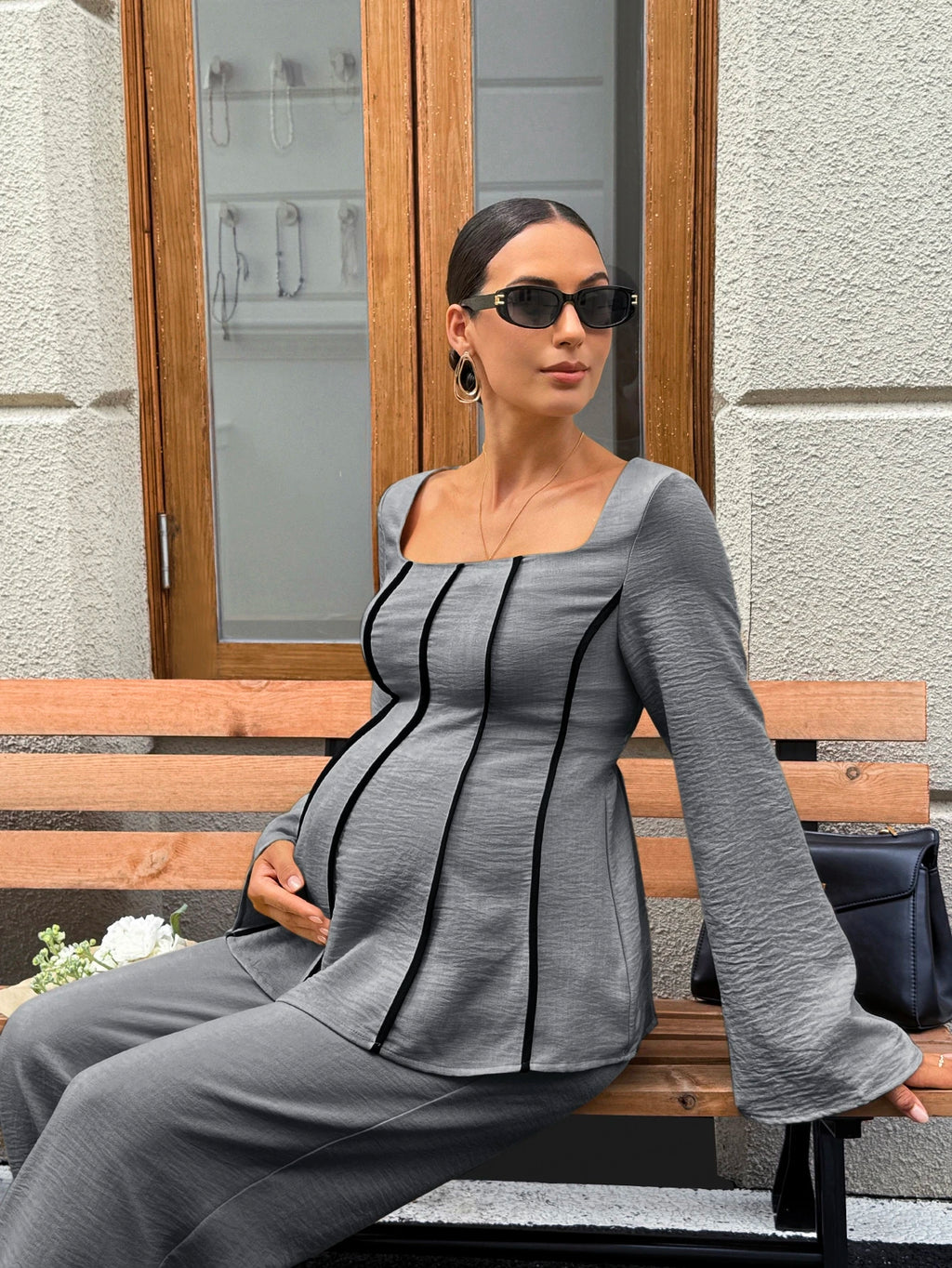 Ensemble haut à manches longues et encolure carrée avec taille ajustable MaterniWear