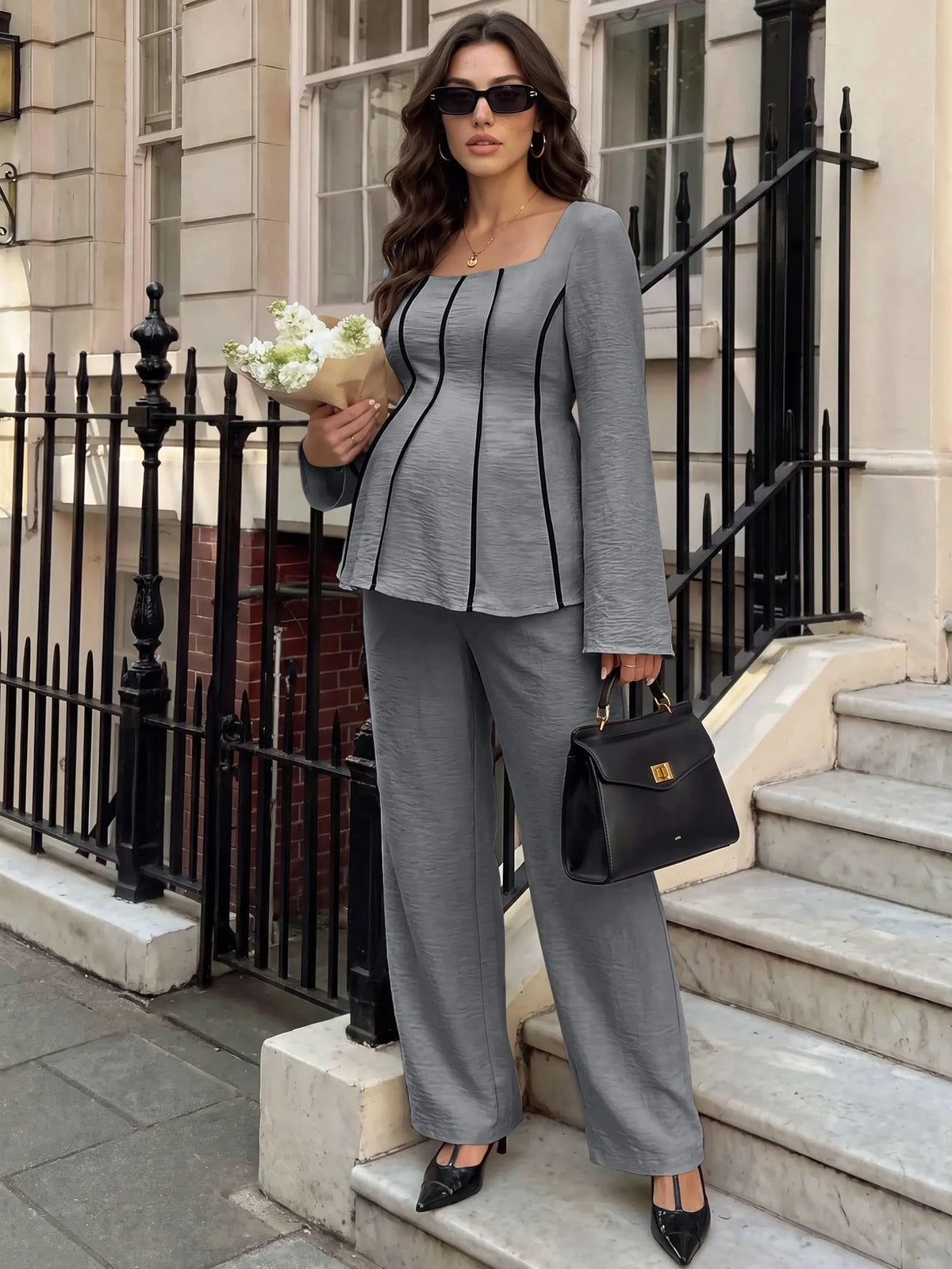 MaterniWear Square-Neck Long-Sleeve Shirt Adjustable-Waist Set