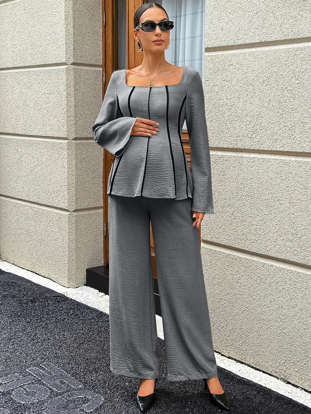 Ensemble haut à manches longues et encolure carrée avec taille ajustable MaterniWear