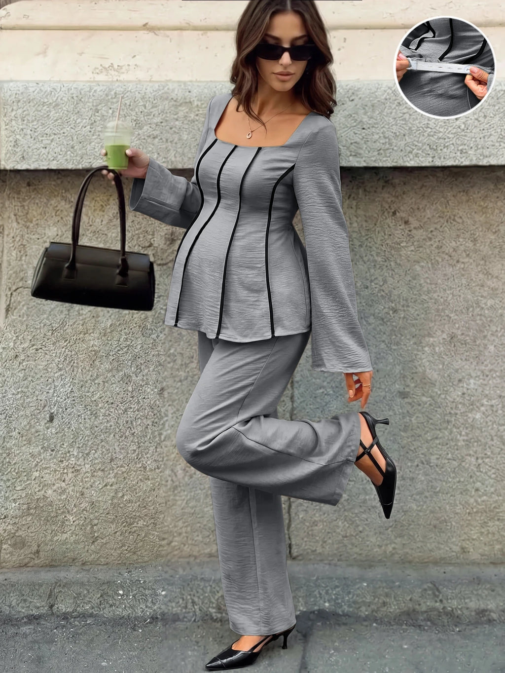 Ensemble haut à manches longues et encolure carrée avec taille ajustable MaterniWear