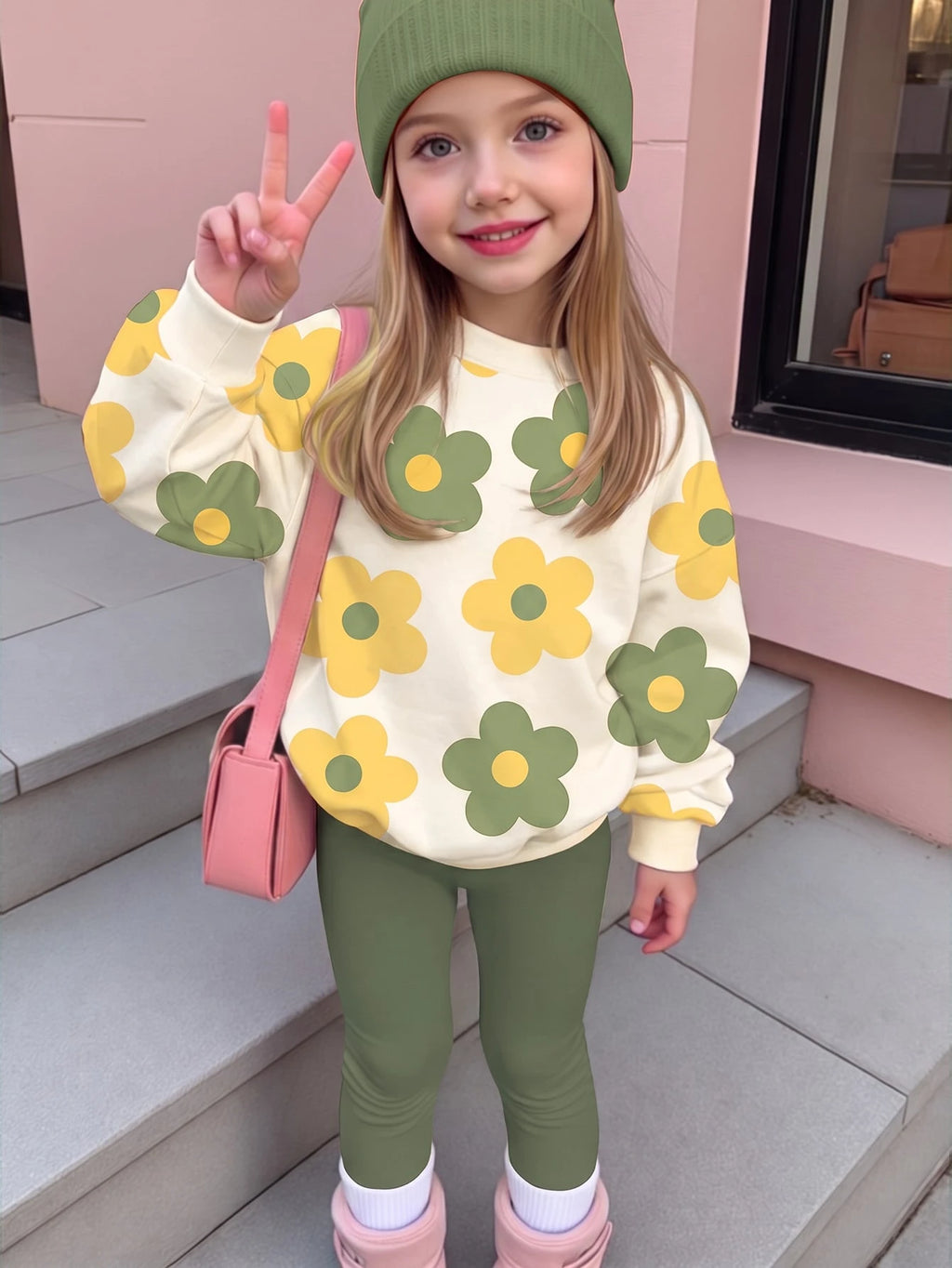 Young Girl Crew Neck Long Sleeve Sweatshirt Leggings 2 Piece Set
