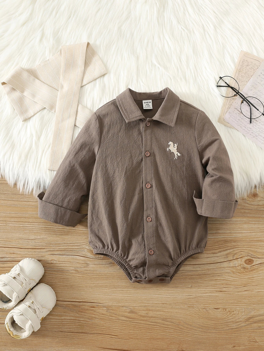 SHEIN Baby Boy Brown Preppy Bodysuit Shawl Set