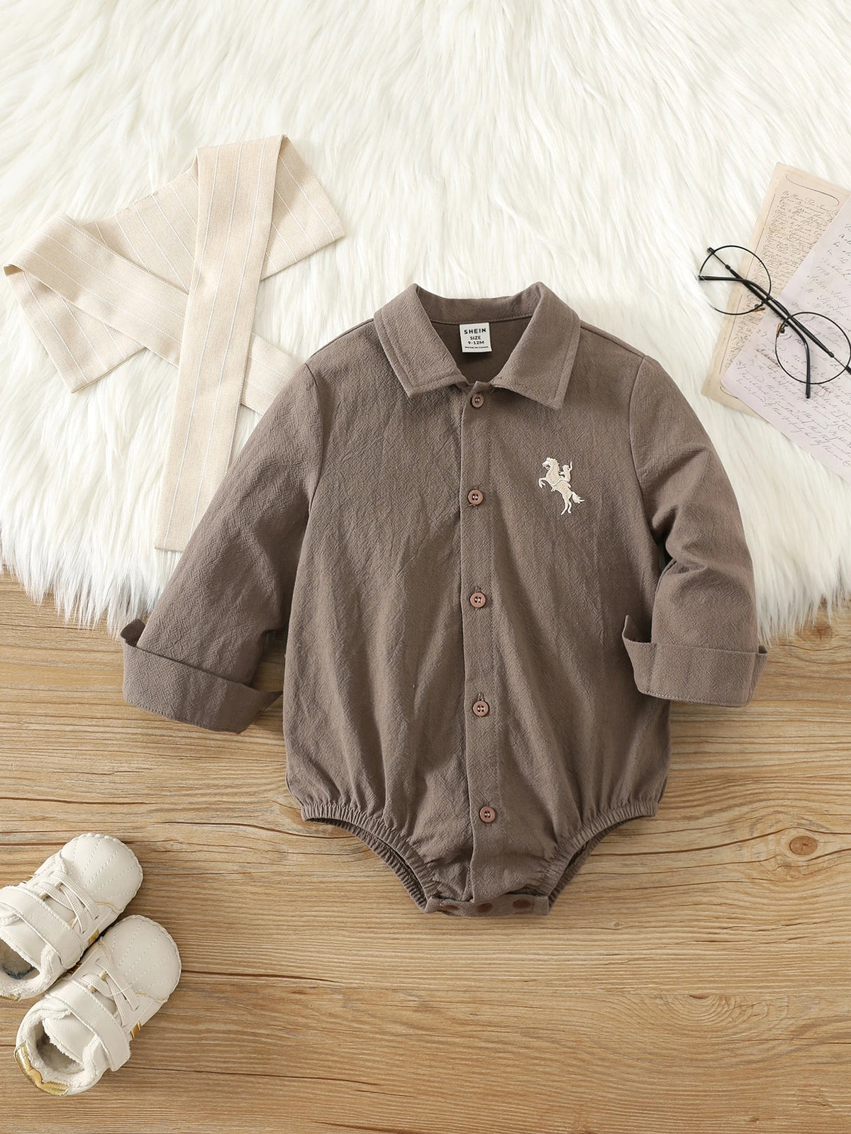 SHEIN Baby Boy Brown Preppy Bodysuit Shawl Set