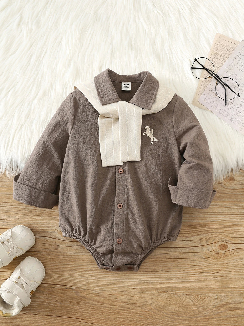 SHEIN Baby Boy Brown Preppy Bodysuit Shawl Set
