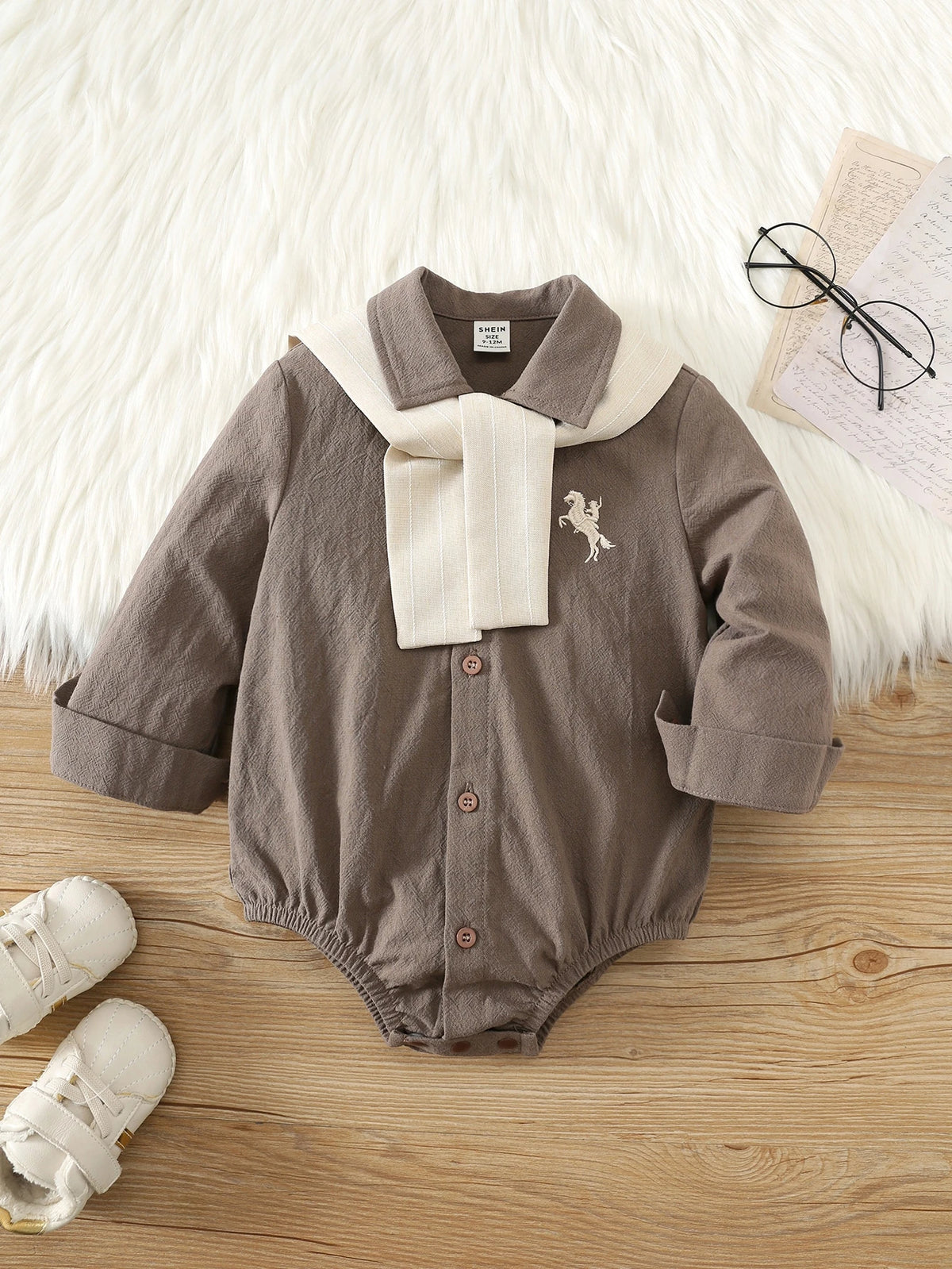 SHEIN Baby Boy Brown Preppy Bodysuit Shawl Set