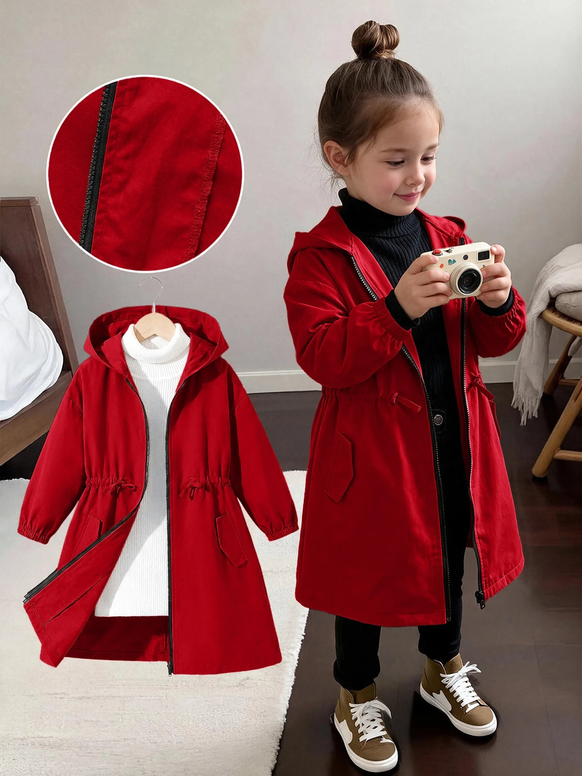 Young Girl Letter Tape Pocket Hooded Mid Length Parka