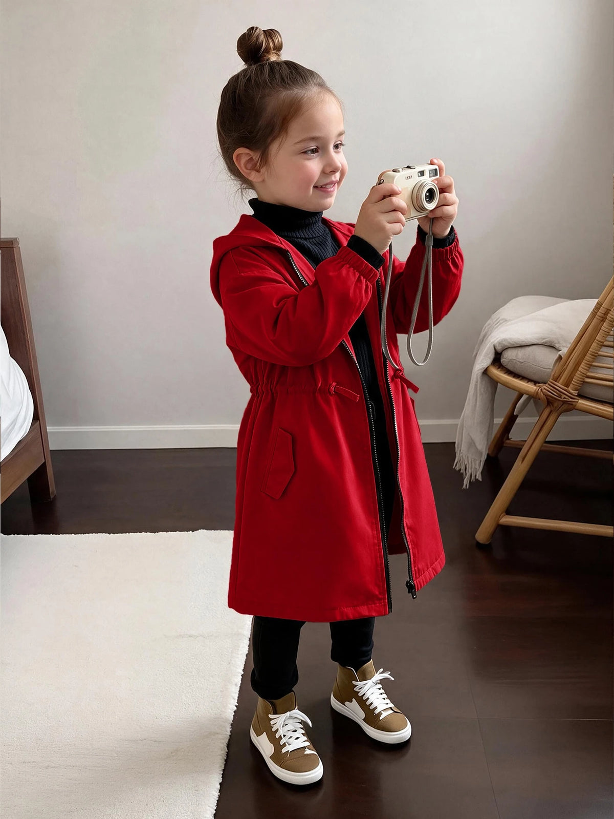 Young Girl Letter Tape Pocket Hooded Mid Length Parka