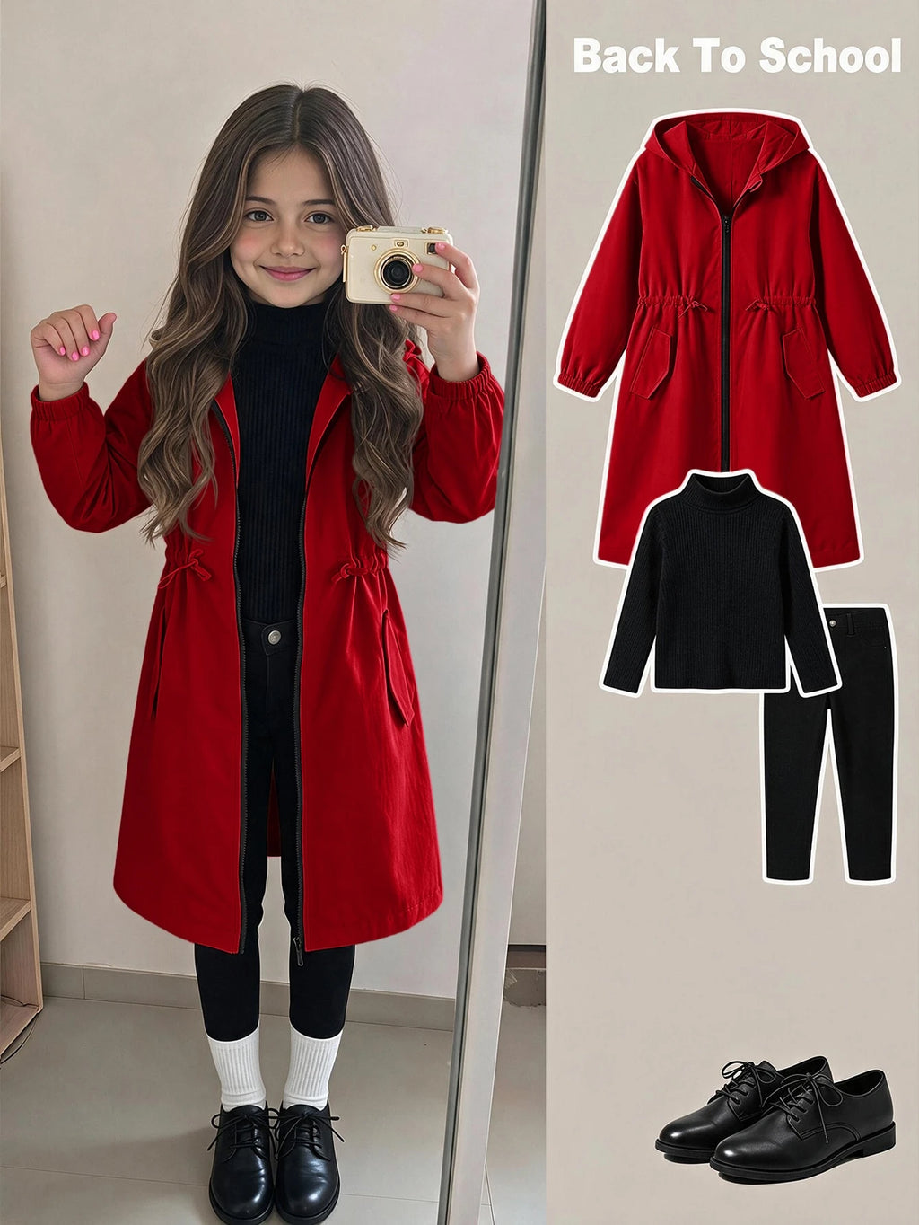 Young Girl Letter Tape Pocket Hooded Mid Length Parka