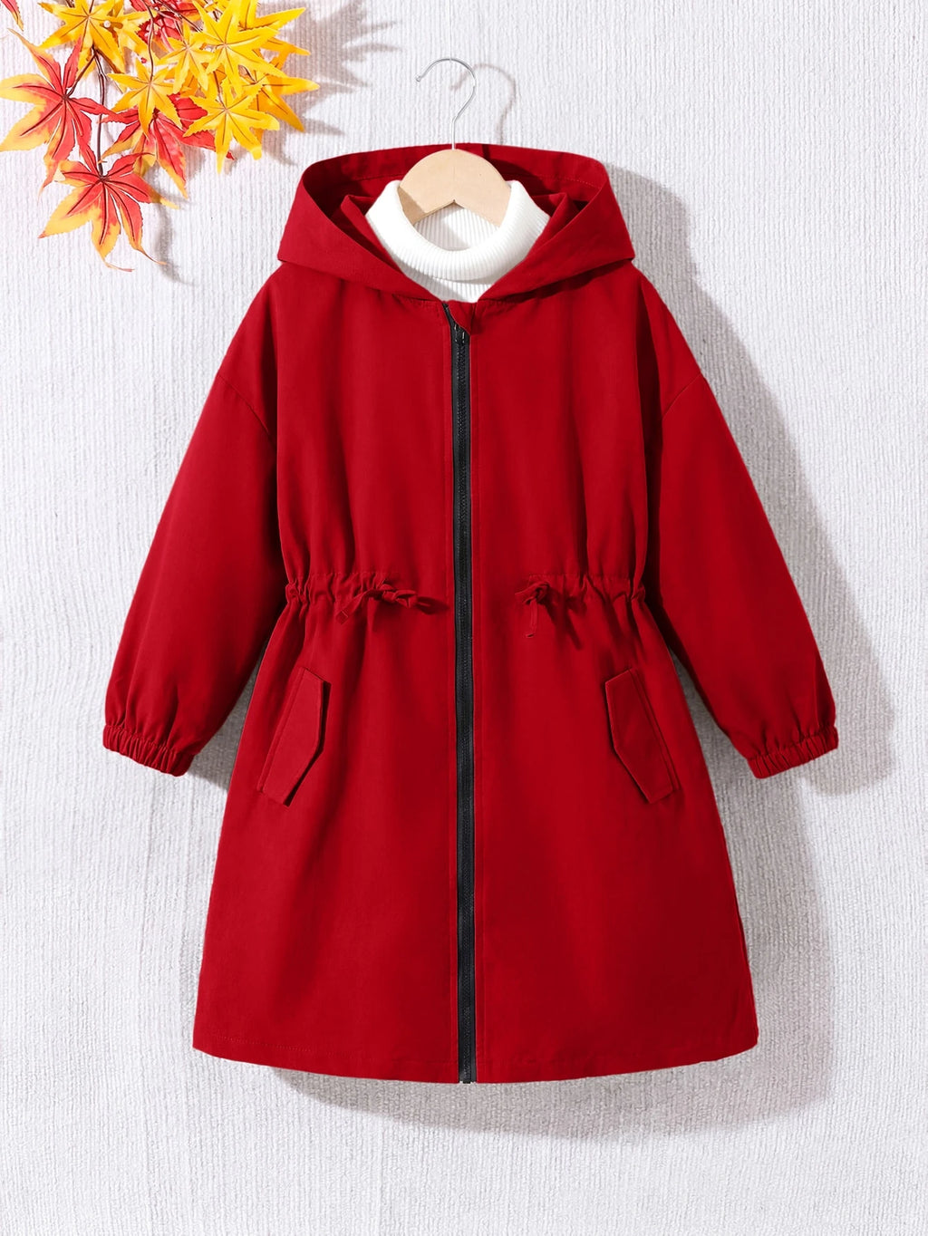 Young Girl Letter Tape Pocket Hooded Mid Length Parka