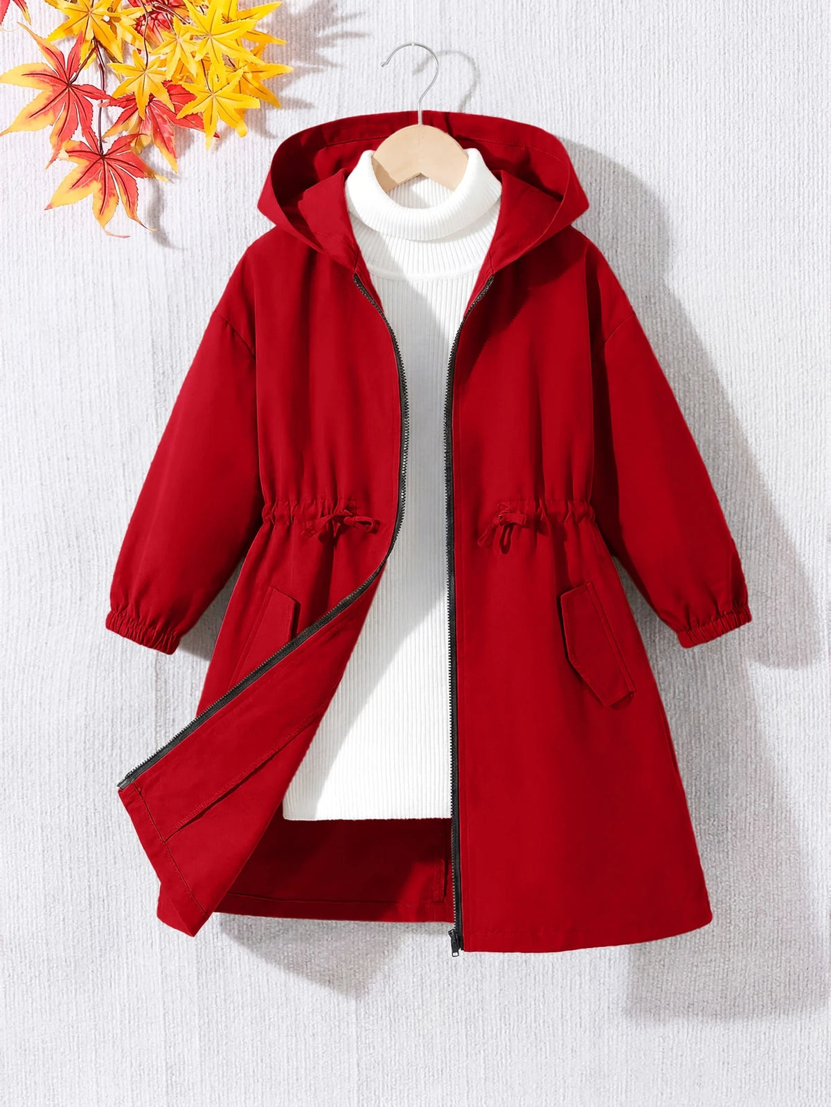 Young Girl Letter Tape Pocket Hooded Mid Length Parka