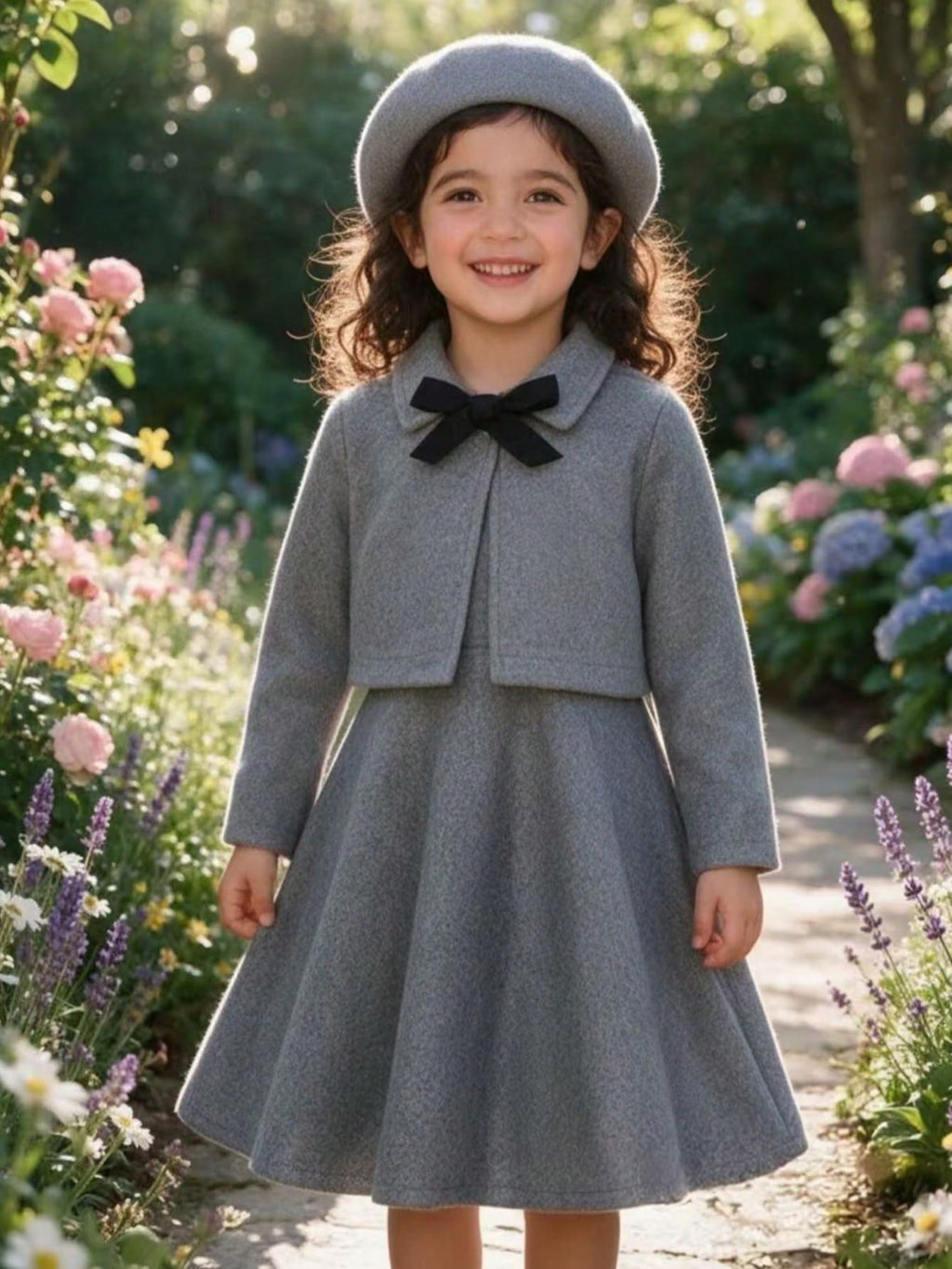 Young Girl Short Jacket Jumper Dress Bow Beret 3 Piece Set