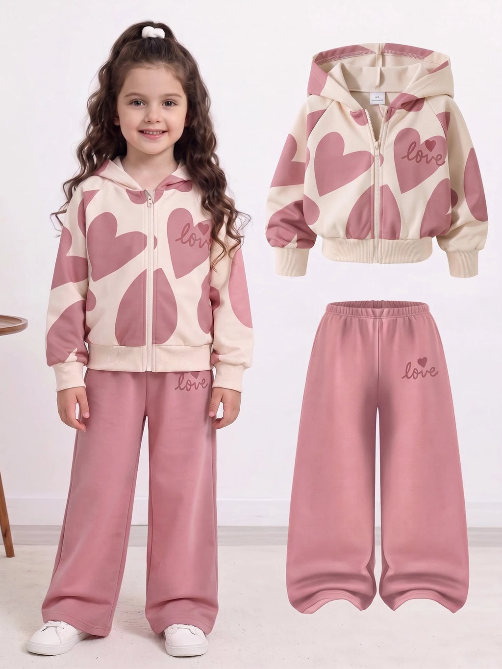 Girl Heart Print Hoodie Sweatshirt Wide Leg Pants 2 Piece Set
