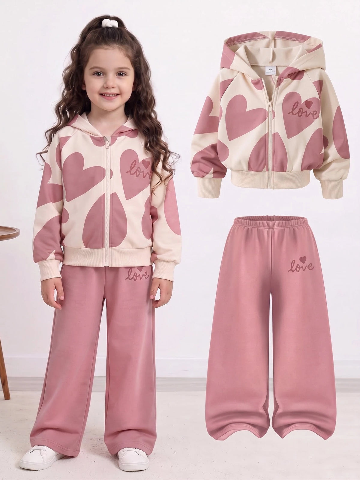 Girl Heart Print Hoodie Sweatshirt Wide Leg Pants 2 Piece Set