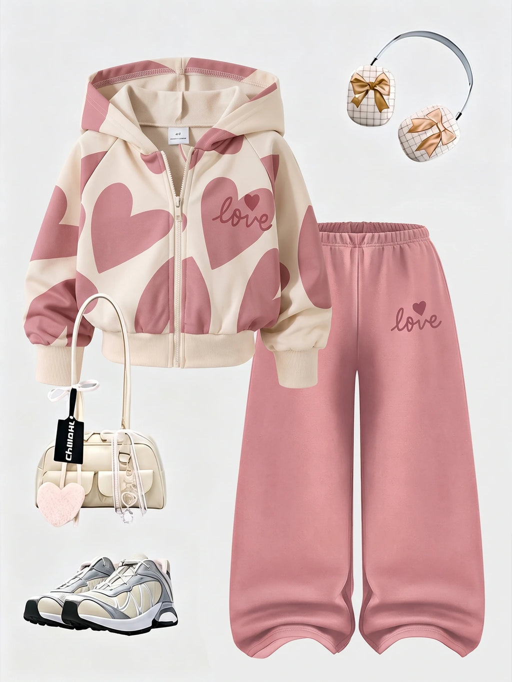 Girl Heart Print Hoodie Sweatshirt Wide Leg Pants 2 Piece Set