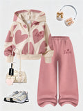 Girl Heart Print Hoodie Sweatshirt Wide Leg Pants 2 Piece Set