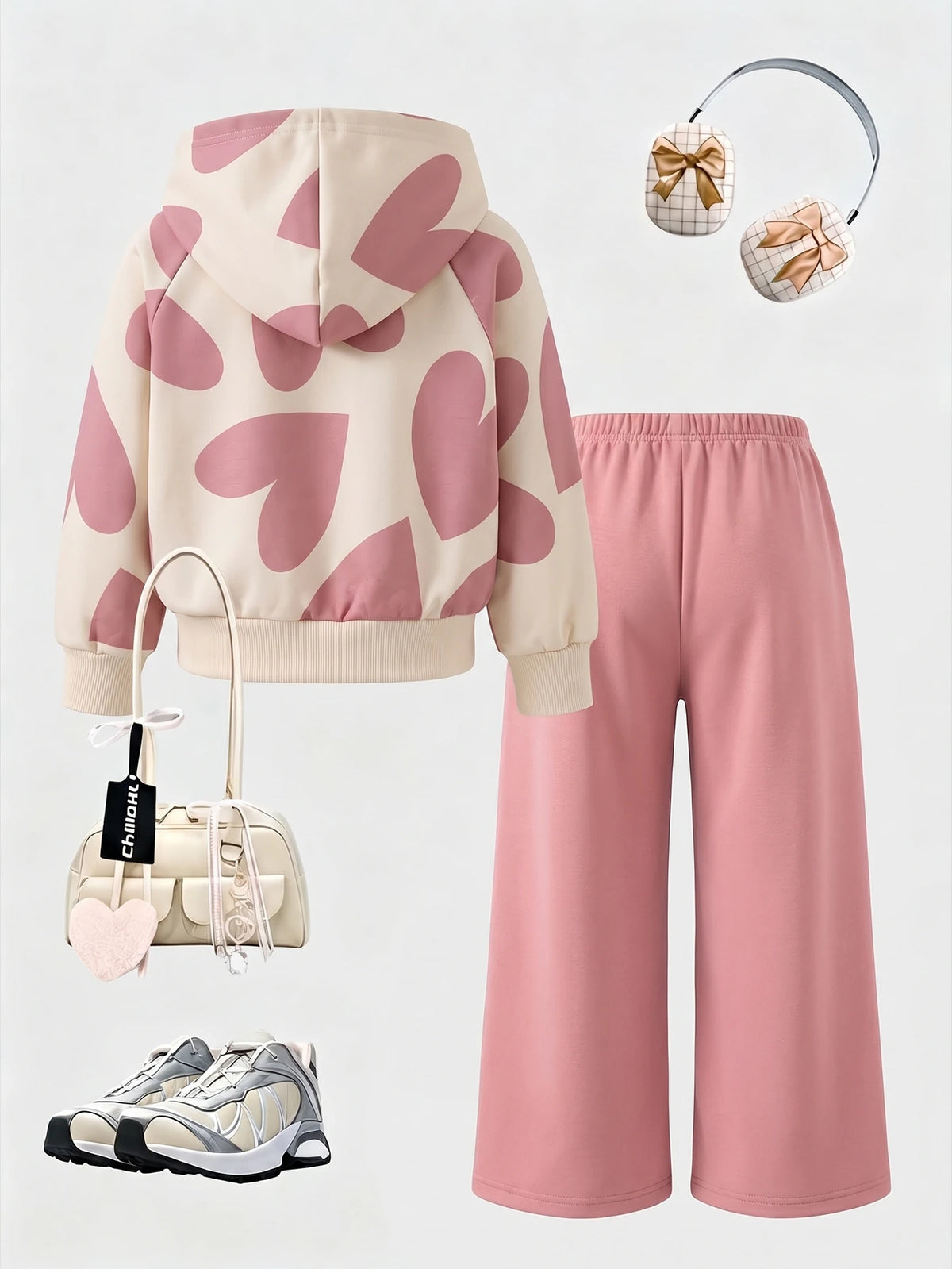 Girl Heart Print Hoodie Sweatshirt Wide Leg Pants 2 Piece Set